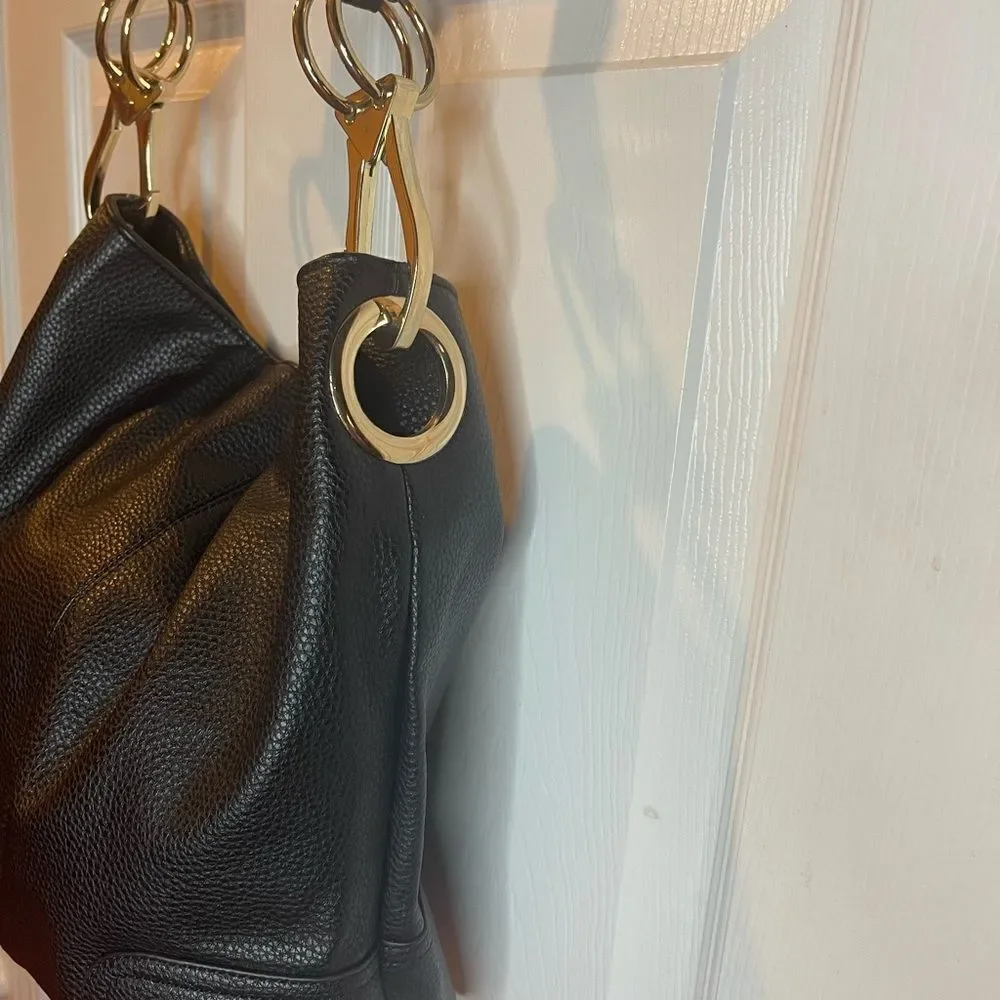 Dasein synthetic leather Black hobo shoulder bag with Bold gold tone hardwares
